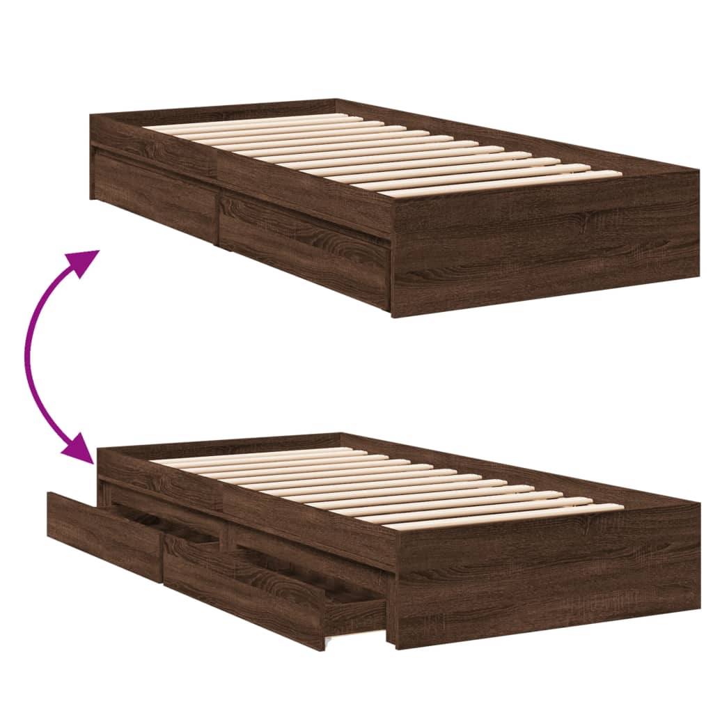Bedframe met lades bewerkt hout bruin eikenkleurig 75x190 cm is nu te koop bij PeponiXL, paradijselijk wonen!