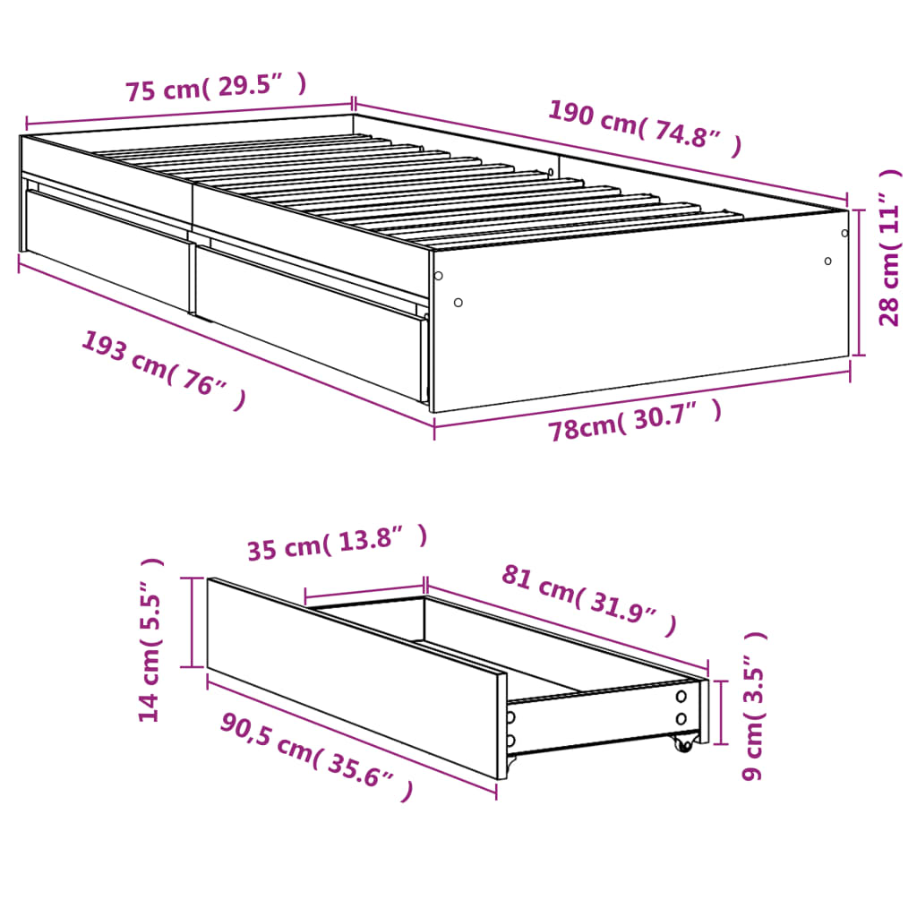 Bedframe met lades bewerkt hout bruin eikenkleurig 75x190 cm is nu te koop bij PeponiXL, paradijselijk wonen!