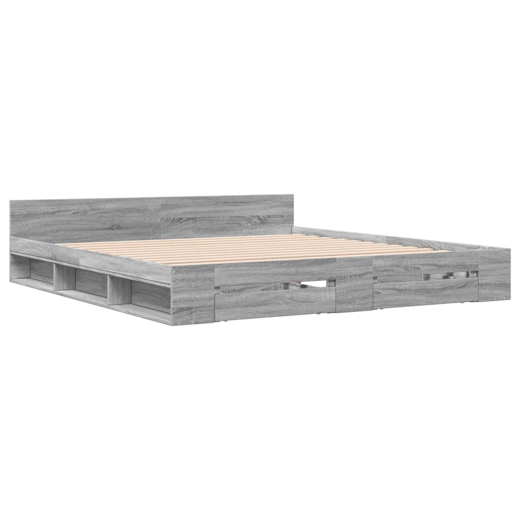 Bedframe met lades bewerkt hout grijs sonoma eiken 200x200 cm is nu te koop bij PeponiXL, paradijselijk wonen!