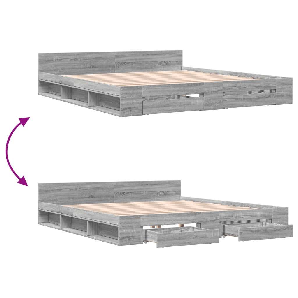Bedframe met lades bewerkt hout grijs sonoma eiken 200x200 cm is nu te koop bij PeponiXL, paradijselijk wonen!