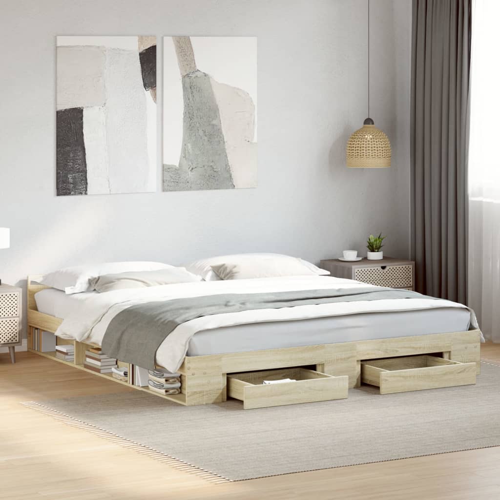 Bedframe met lades bewerkt hout sonoma eikenkleurig 180x200 cm is nu te koop bij PeponiXL, paradijselijk wonen!