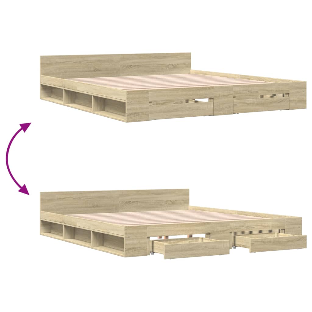 Bedframe met lades bewerkt hout sonoma eikenkleurig 180x200 cm is nu te koop bij PeponiXL, paradijselijk wonen!