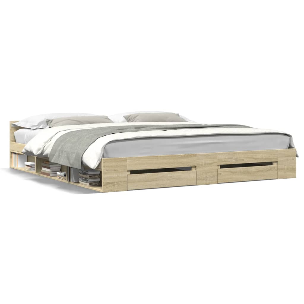 Bedframe met lades bewerkt hout sonoma eikenkleurig 180x200 cm is nu te koop bij PeponiXL, paradijselijk wonen!