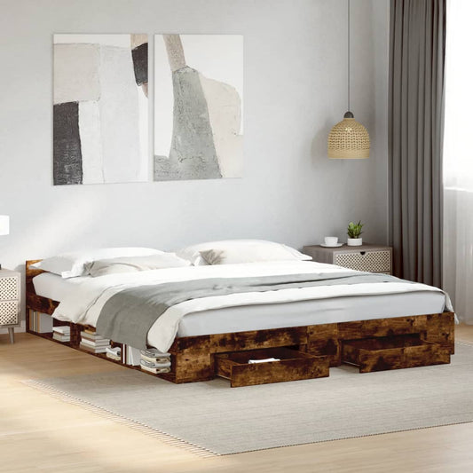 Bedframe met lades bewerkt hout gerookt eikenkleurig 180x200 cm is nu te koop bij PeponiXL, paradijselijk wonen!