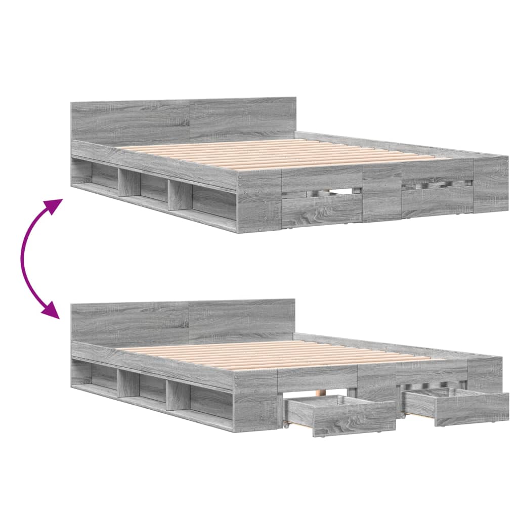 Bedframe met lades bewerkt hout grijs sonoma eiken 160x200 cm is nu te koop bij PeponiXL, paradijselijk wonen!