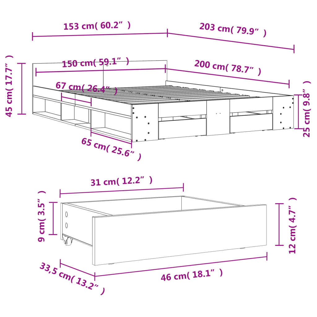 Bedframe met lades bewerkt hout sonoma eikenkleurig 150x200 cm is nu te koop bij PeponiXL, paradijselijk wonen!