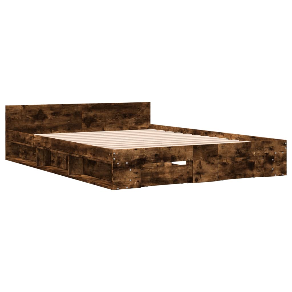 Bedframe met lades bewerkt hout gerookt eikenkleurig 150x200 cm is nu te koop bij PeponiXL, paradijselijk wonen!