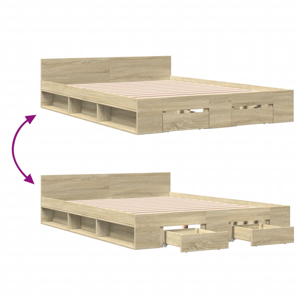 Bedframe met lades bewerkt hout sonoma eikenkleurig 140x200 cm is nu te koop bij PeponiXL, paradijselijk wonen!