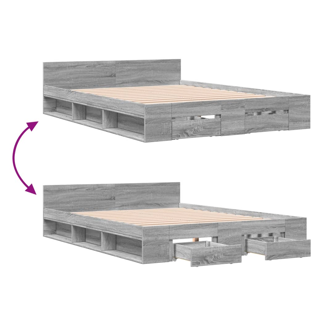 Bedframe met lades bewerkt hout grijs sonoma eiken 140x200 cm is nu te koop bij PeponiXL, paradijselijk wonen!