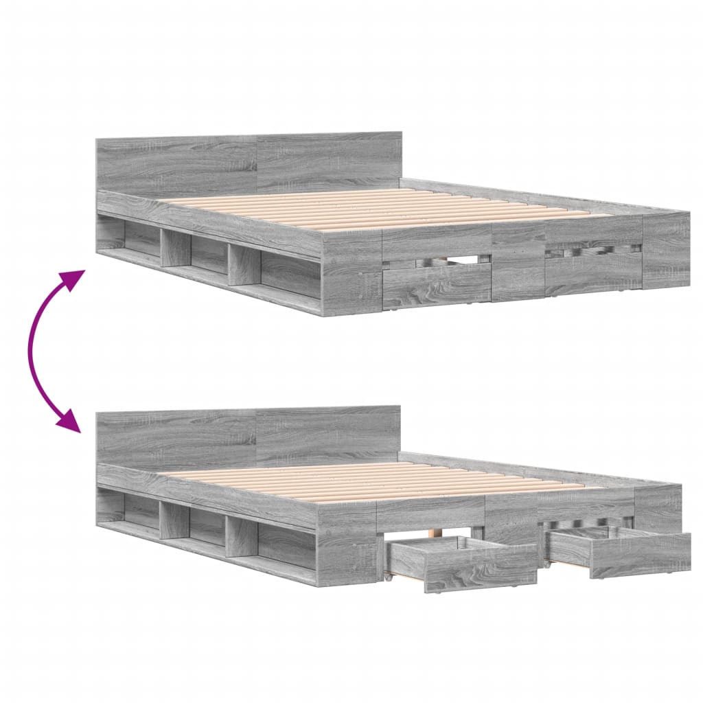 Bedframe met lades bewerkt hout grijs sonoma eiken 120x200 cm is nu te koop bij PeponiXL, paradijselijk wonen!
