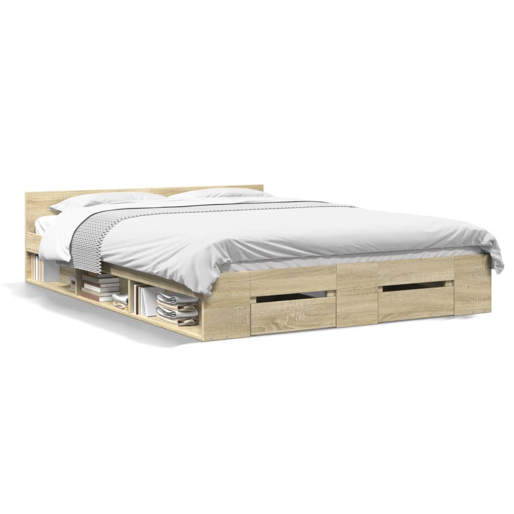 Bedframe met lades bewerkt hout sonoma eikenkleurig 140x190 cm is nu te koop bij PeponiXL, paradijselijk wonen!