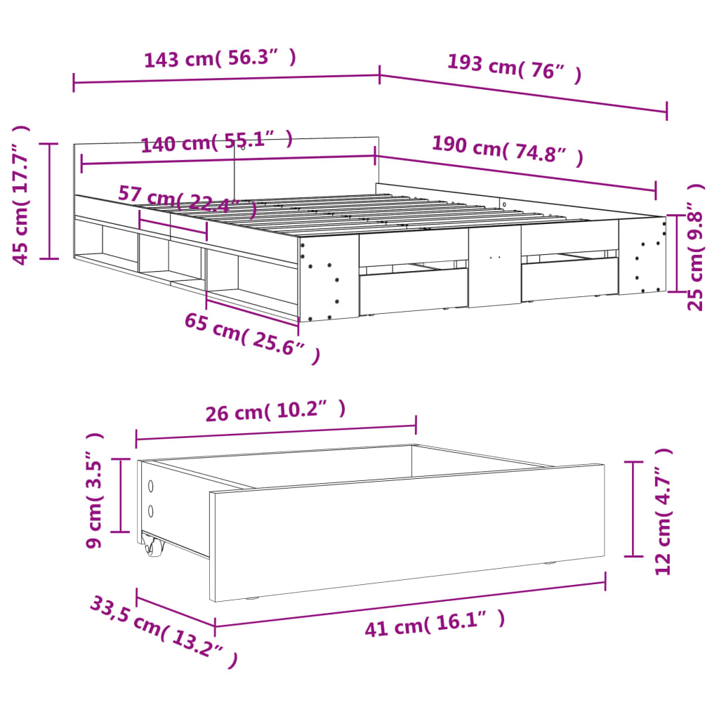 Bedframe met lades bewerkt hout sonoma eikenkleurig 140x190 cm is nu te koop bij PeponiXL, paradijselijk wonen!