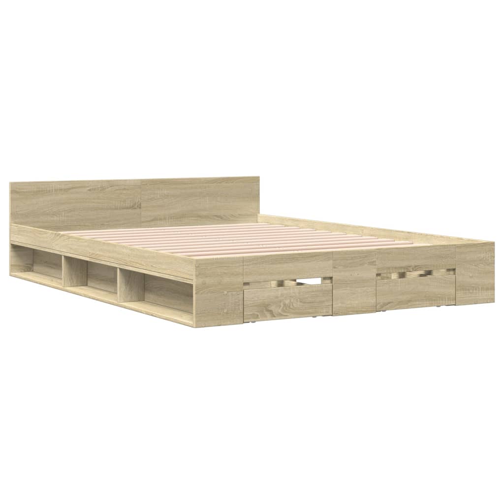 Bedframe met lades bewerkt hout sonoma eikenkleurig 135x190 cm is nu te koop bij PeponiXL, paradijselijk wonen!