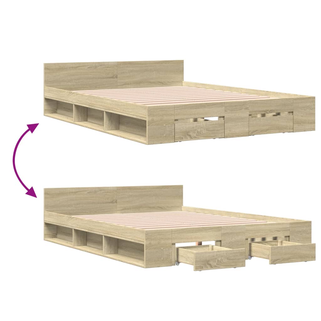 Bedframe met lades bewerkt hout sonoma eikenkleurig 135x190 cm is nu te koop bij PeponiXL, paradijselijk wonen!