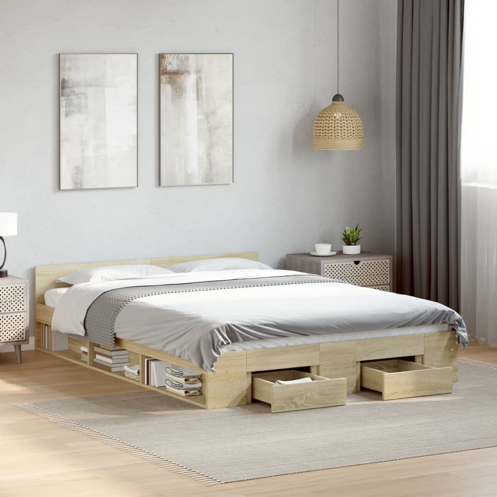 Bedframe met lades bewerkt hout sonoma eikenkleurig 135x190 cm is nu te koop bij PeponiXL, paradijselijk wonen!