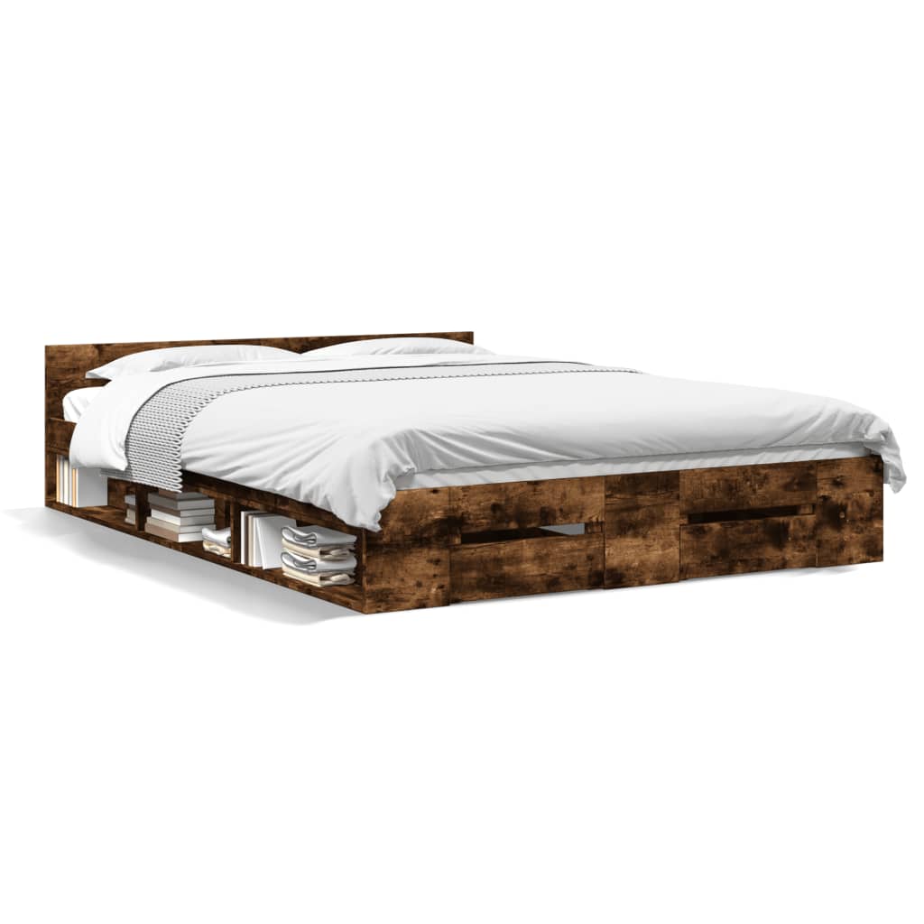 Bedframe met lades bewerkt hout gerookt eikenkleurig 135x190 cm is nu te koop bij PeponiXL, paradijselijk wonen!