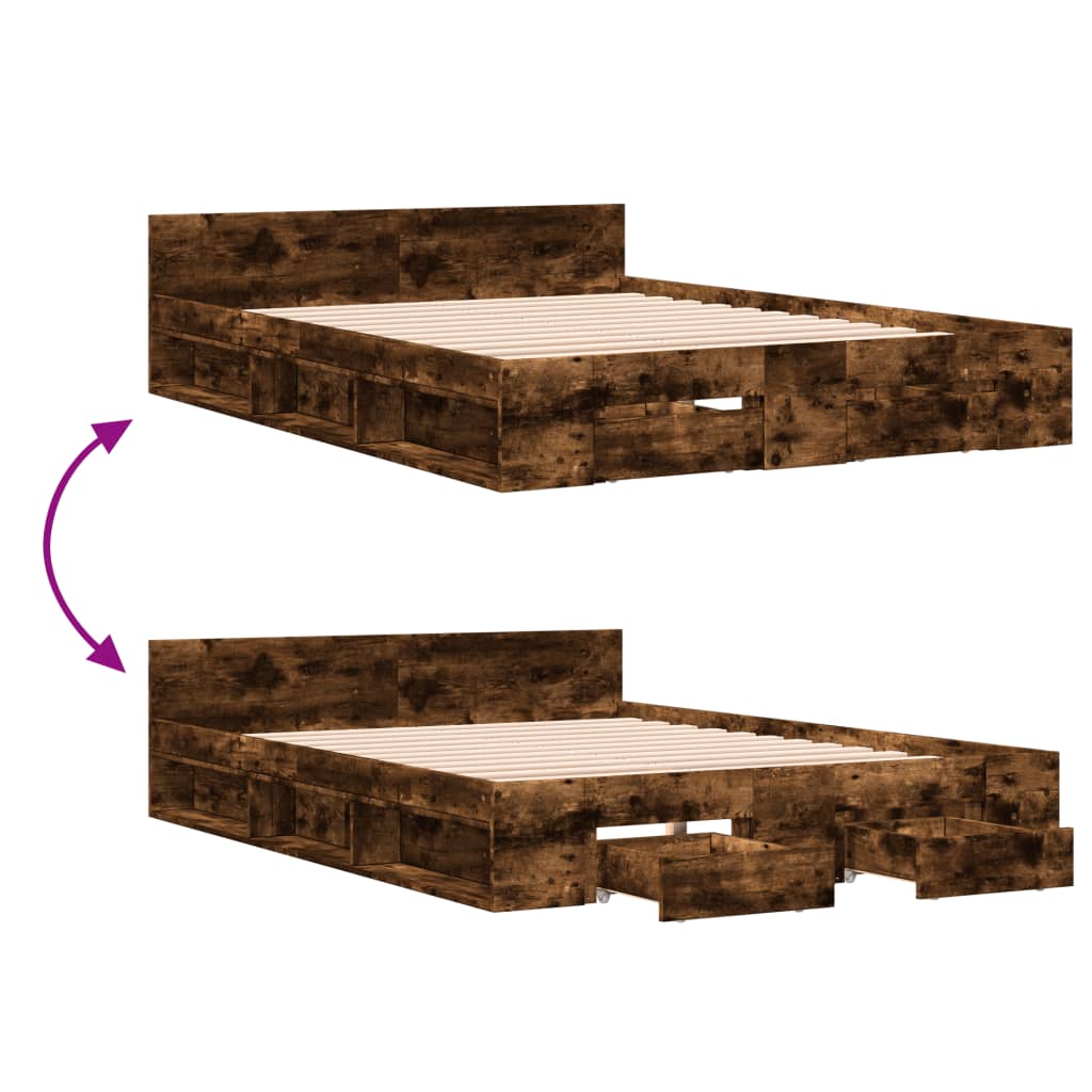 Bedframe met lades bewerkt hout gerookt eikenkleurig 135x190 cm is nu te koop bij PeponiXL, paradijselijk wonen!