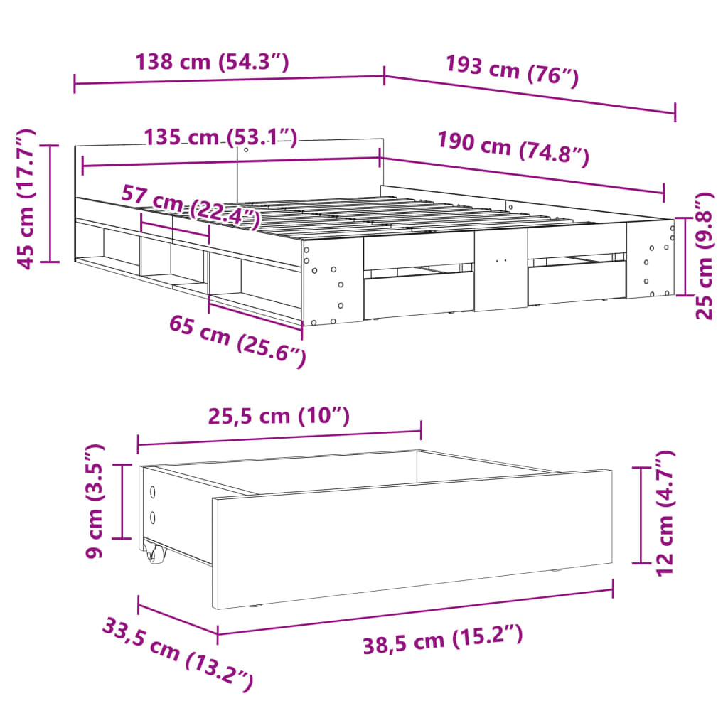 Bedframe met lades bewerkt hout gerookt eikenkleurig 135x190 cm is nu te koop bij PeponiXL, paradijselijk wonen!