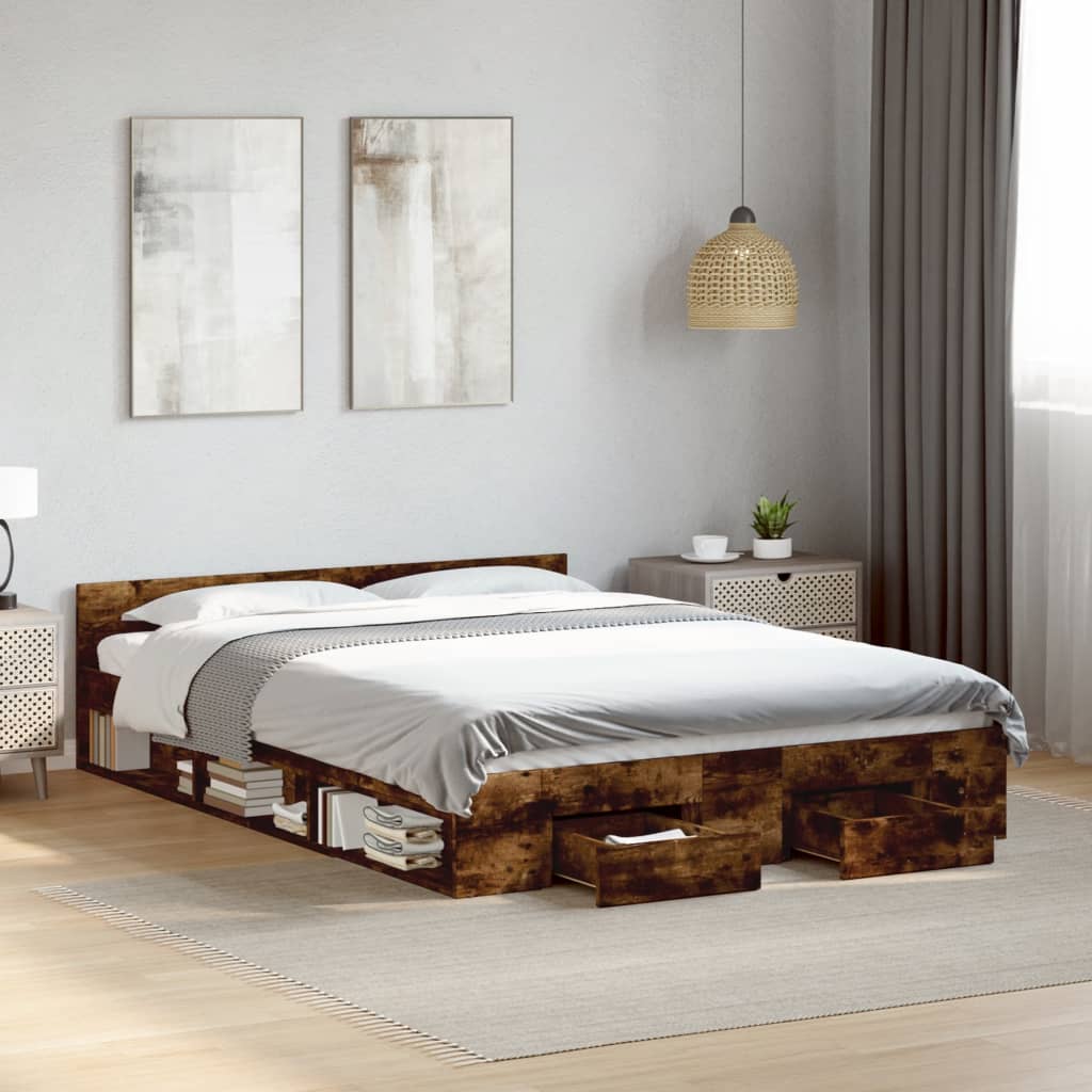 Bedframe met lades bewerkt hout gerookt eikenkleurig 135x190 cm is nu te koop bij PeponiXL, paradijselijk wonen!