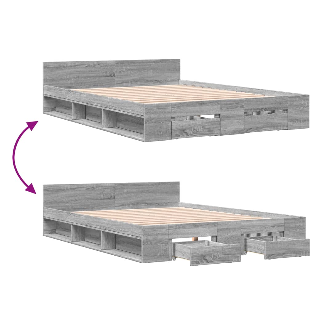 Bedframe met lades bewerkt hout grijs sonoma eiken 135x190 cm is nu te koop bij PeponiXL, paradijselijk wonen!