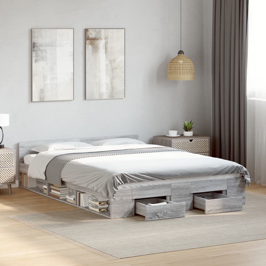 Bedframe met lades bewerkt hout grijs sonoma eiken 135x190 cm is nu te koop bij PeponiXL, paradijselijk wonen!