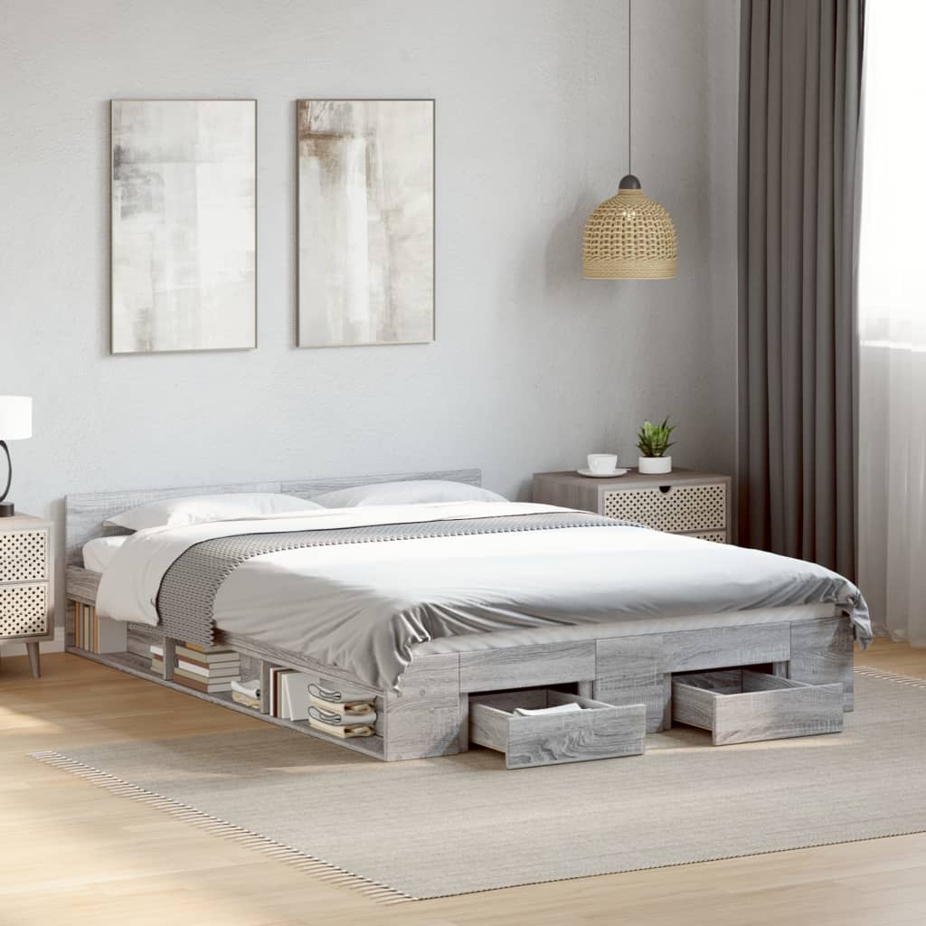 Bedframe met lades bewerkt hout grijs sonoma eiken 120x190 cm is nu te koop bij PeponiXL, paradijselijk wonen!