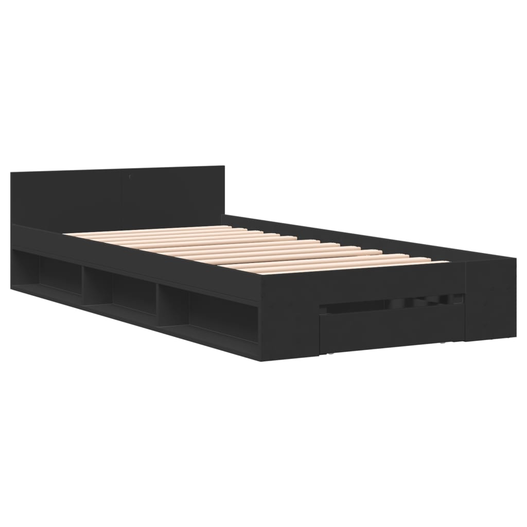 Bedframe met lade bewerkt hout zwart 90x190 cm is nu te koop bij PeponiXL, paradijselijk wonen!