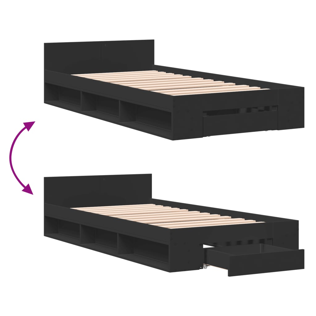 Bedframe met lade bewerkt hout zwart 90x190 cm is nu te koop bij PeponiXL, paradijselijk wonen!