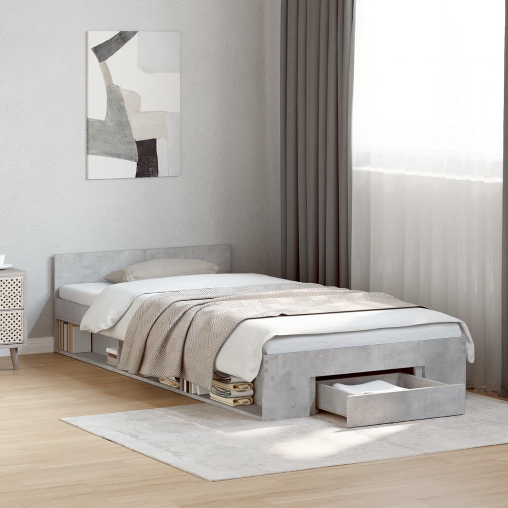 Bedframe met lade bewerkt hout betongrijs 90x190 cm is nu te koop bij PeponiXL, paradijselijk wonen!