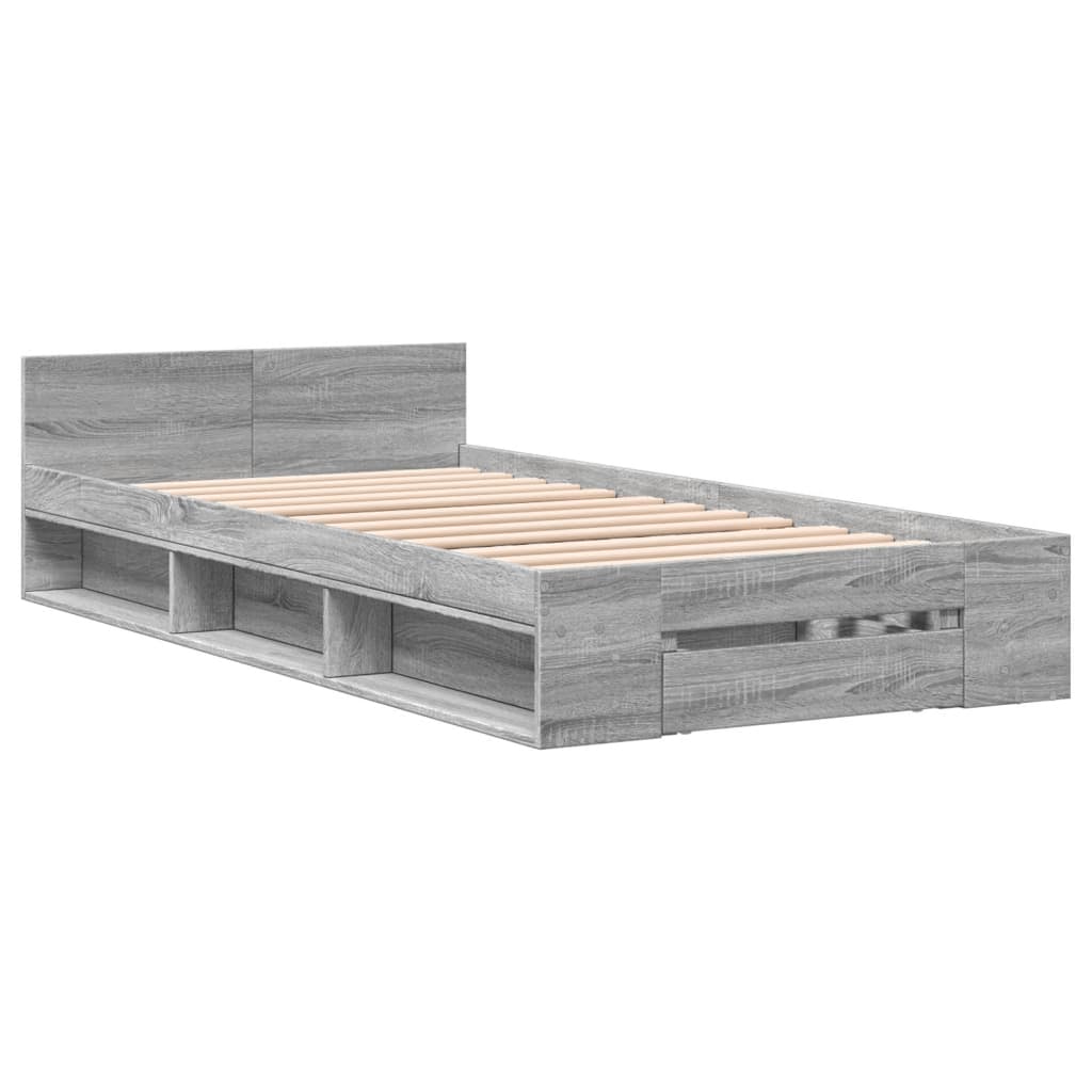 Bedframe met lade bewerkt hout grijs sonoma eiken 90x190 cm is nu te koop bij PeponiXL, paradijselijk wonen!