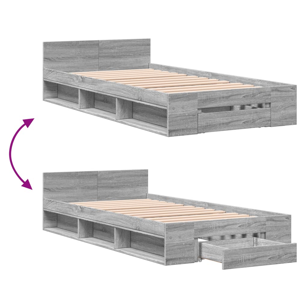 Bedframe met lade bewerkt hout grijs sonoma eiken 90x190 cm is nu te koop bij PeponiXL, paradijselijk wonen!