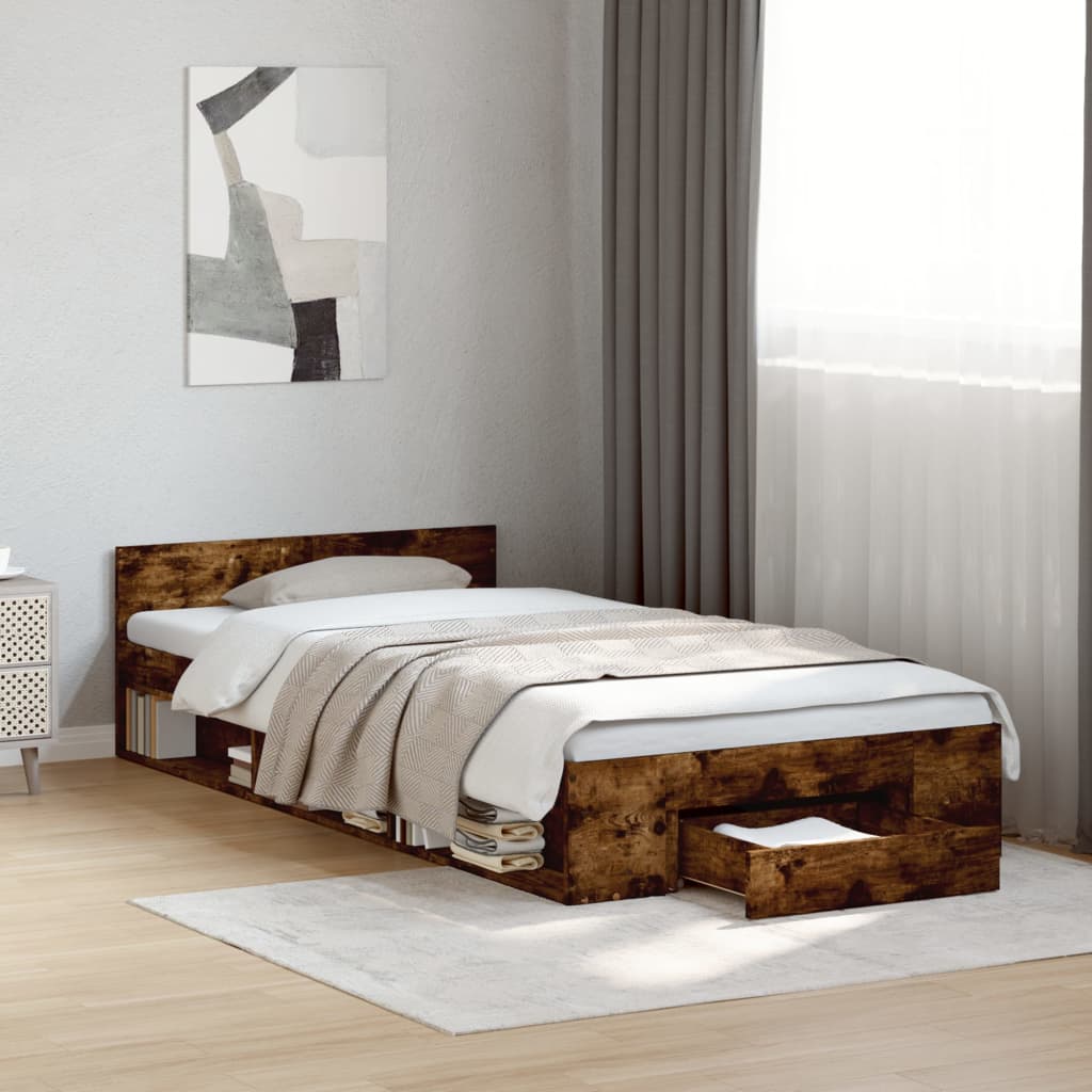 Bedframe met lade bewerkt hout gerookt eikenkleurig 100x200 cm is nu te koop bij PeponiXL, paradijselijk wonen!