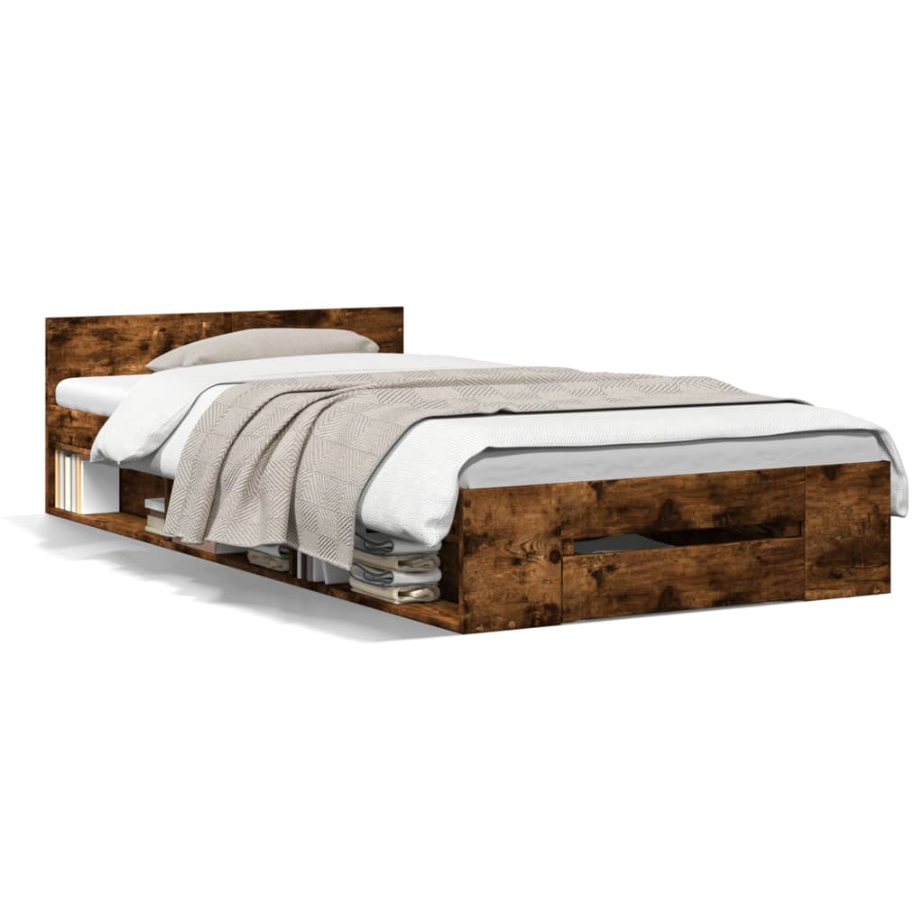 Bedframe met lade bewerkt hout gerookt eikenkleurig 100x200 cm is nu te koop bij PeponiXL, paradijselijk wonen!
