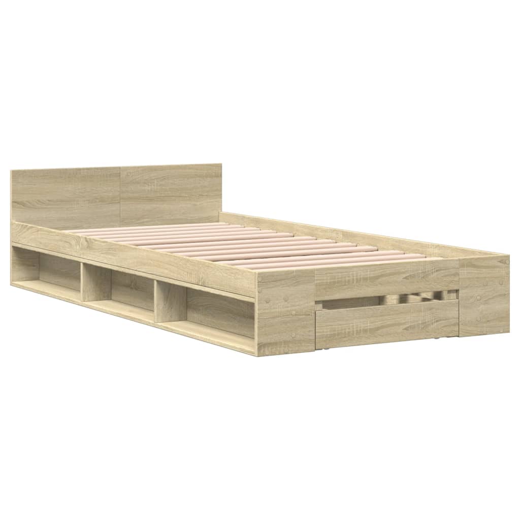 Bedframe met lade bewerkt hout sonoma eikenkleurig 90x200 cm is nu te koop bij PeponiXL, paradijselijk wonen!