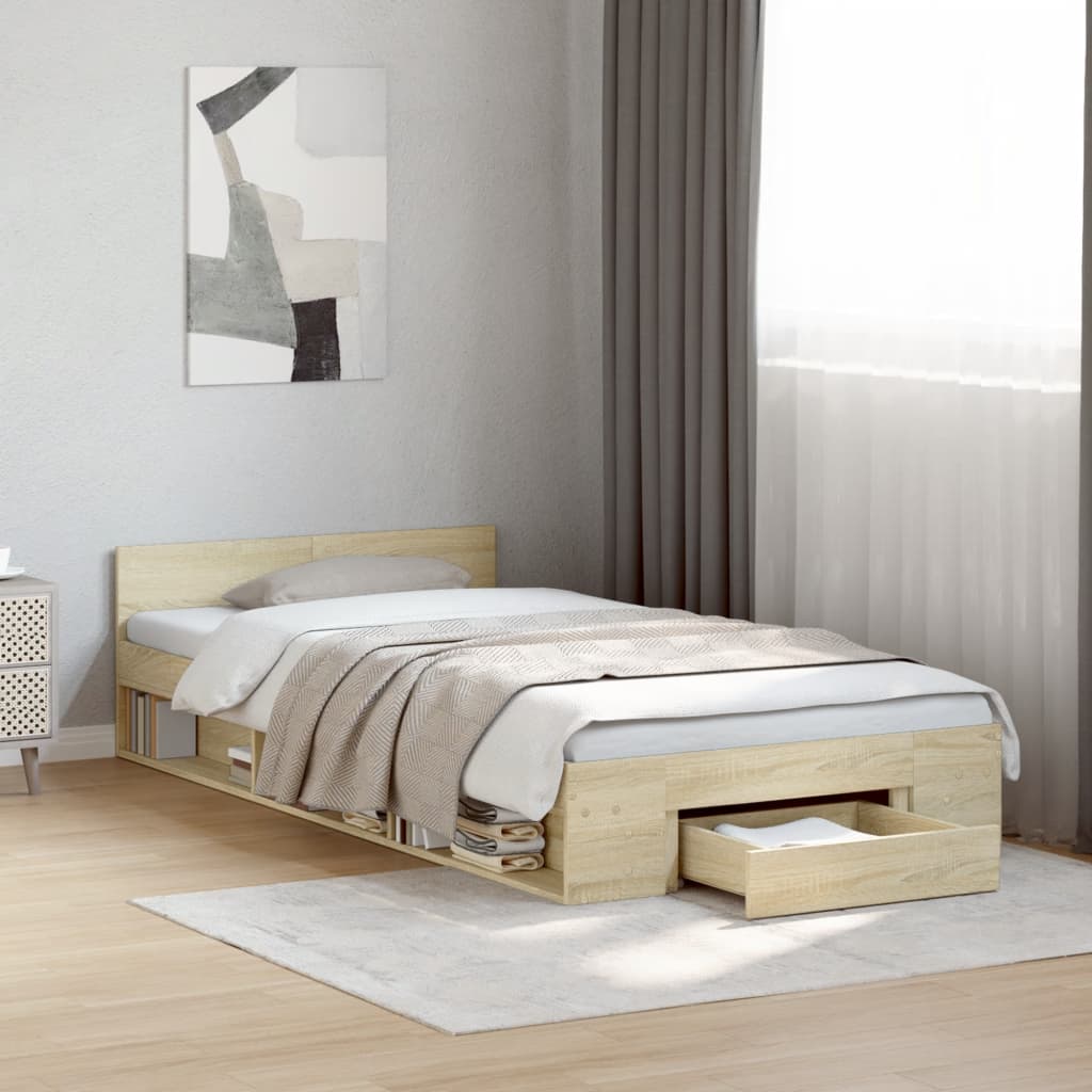 Bedframe met lade bewerkt hout sonoma eikenkleurig 90x200 cm is nu te koop bij PeponiXL, paradijselijk wonen!