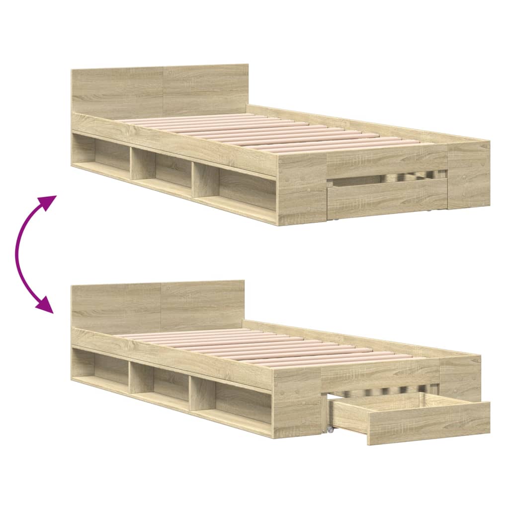 Bedframe met lade bewerkt hout sonoma eikenkleurig 90x200 cm is nu te koop bij PeponiXL, paradijselijk wonen!