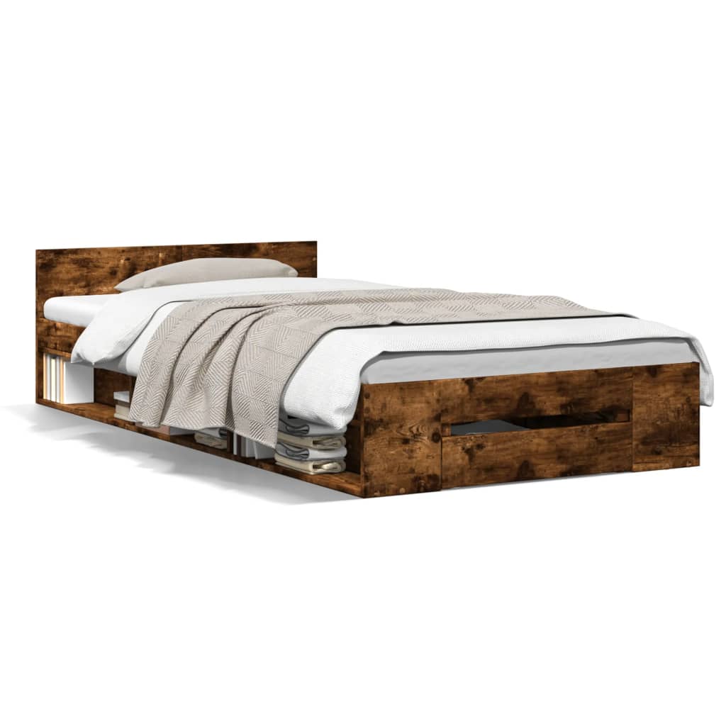 Bedframe met lade bewerkt hout gerookt eikenkleurig 90x200 cm is nu te koop bij PeponiXL, paradijselijk wonen!