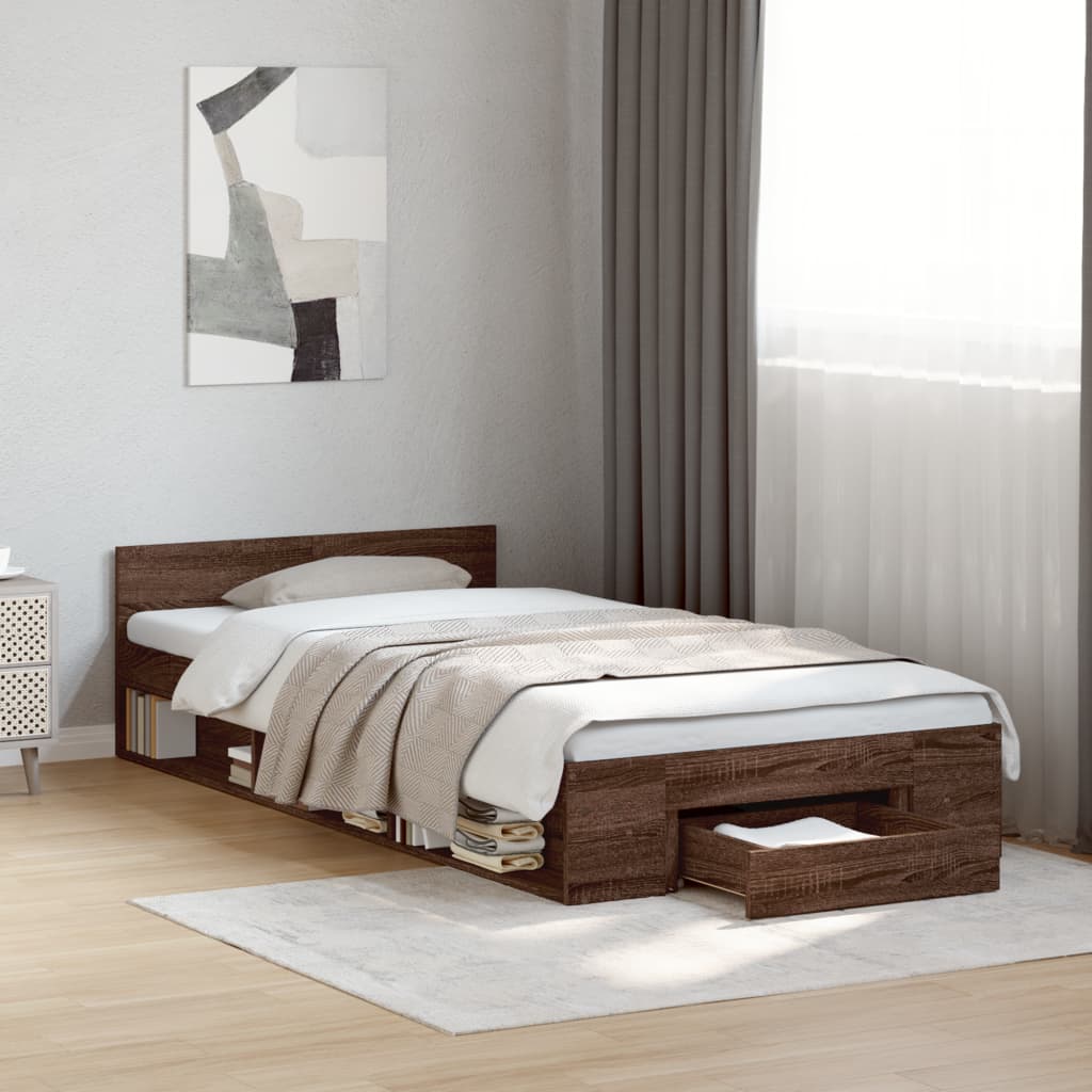 Bedframe met lade bewerkt hout bruin eikenkleurig 90x200 cm is nu te koop bij PeponiXL, paradijselijk wonen!