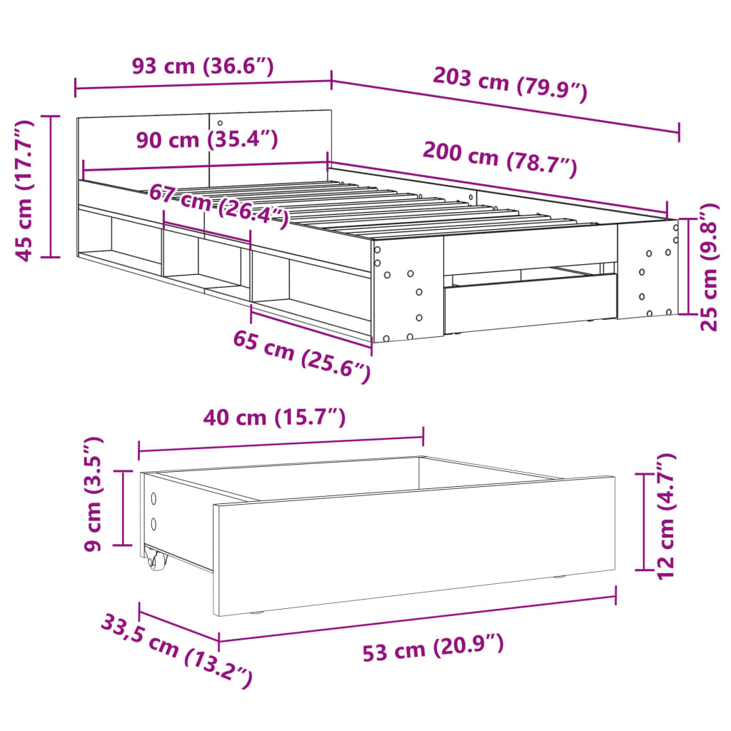 Bedframe met lade bewerkt hout bruin eikenkleurig 90x200 cm is nu te koop bij PeponiXL, paradijselijk wonen!