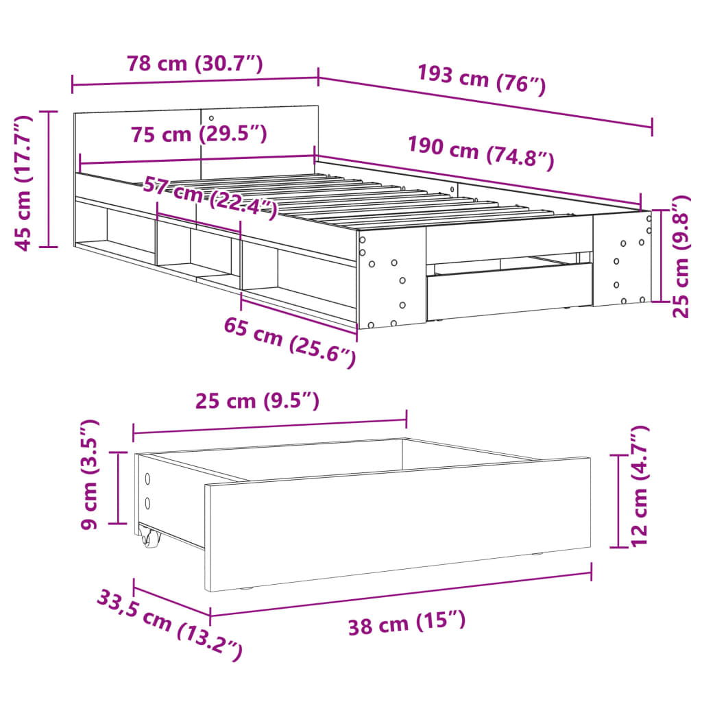 Bedframe met lade bewerkt hout wit 75x190 cm is nu te koop bij PeponiXL, paradijselijk wonen!