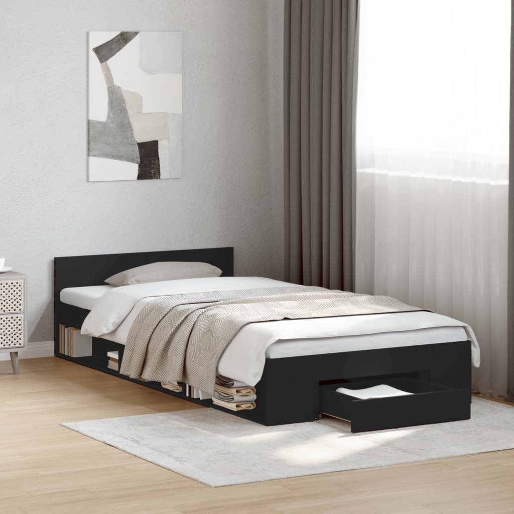 Bedframe met lade bewerkt hout zwart 75x190 cm is nu te koop bij PeponiXL, paradijselijk wonen!
