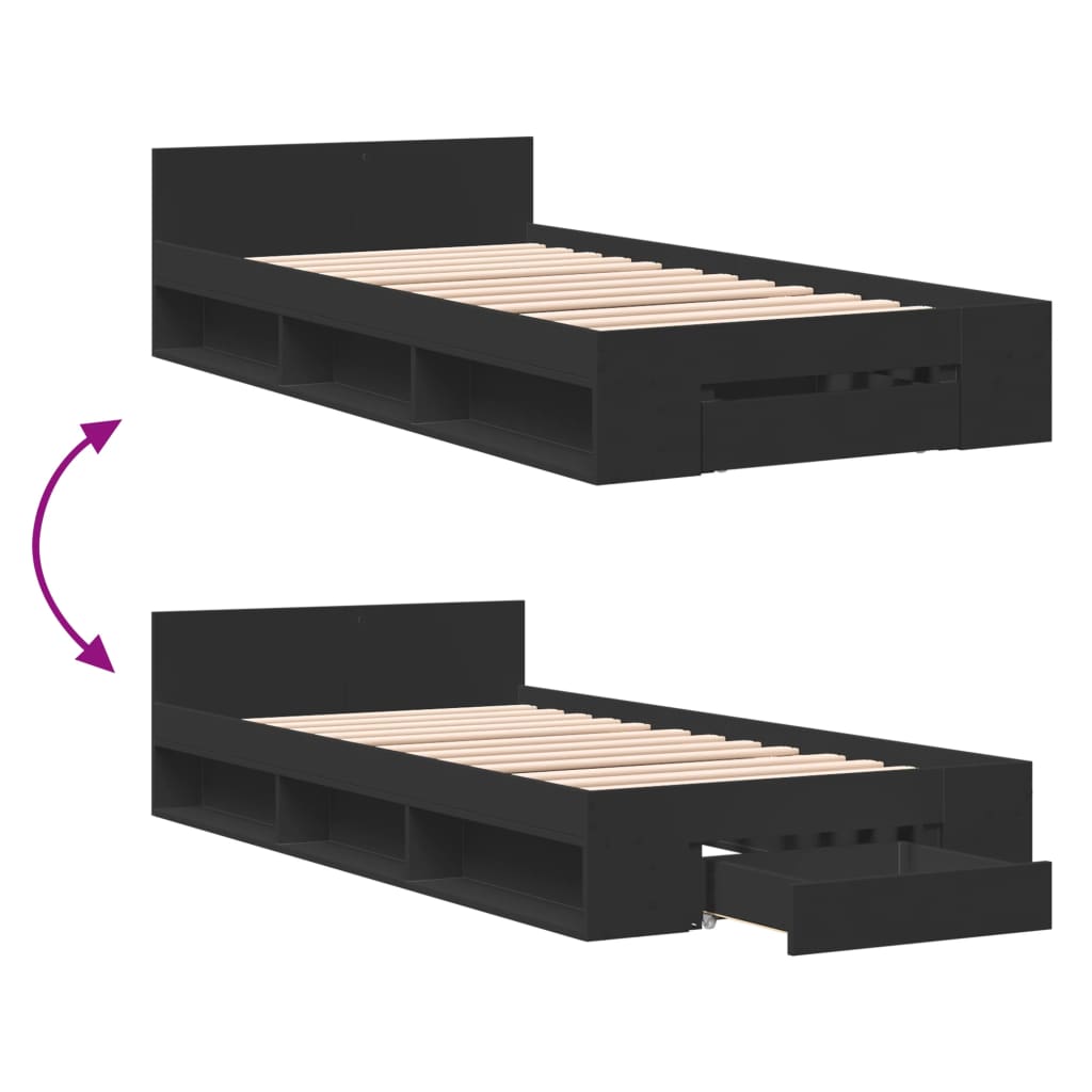 Bedframe met lade bewerkt hout zwart 75x190 cm is nu te koop bij PeponiXL, paradijselijk wonen!