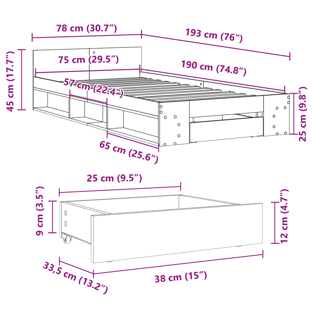 Bedframe met lade bewerkt hout zwart 75x190 cm is nu te koop bij PeponiXL, paradijselijk wonen!