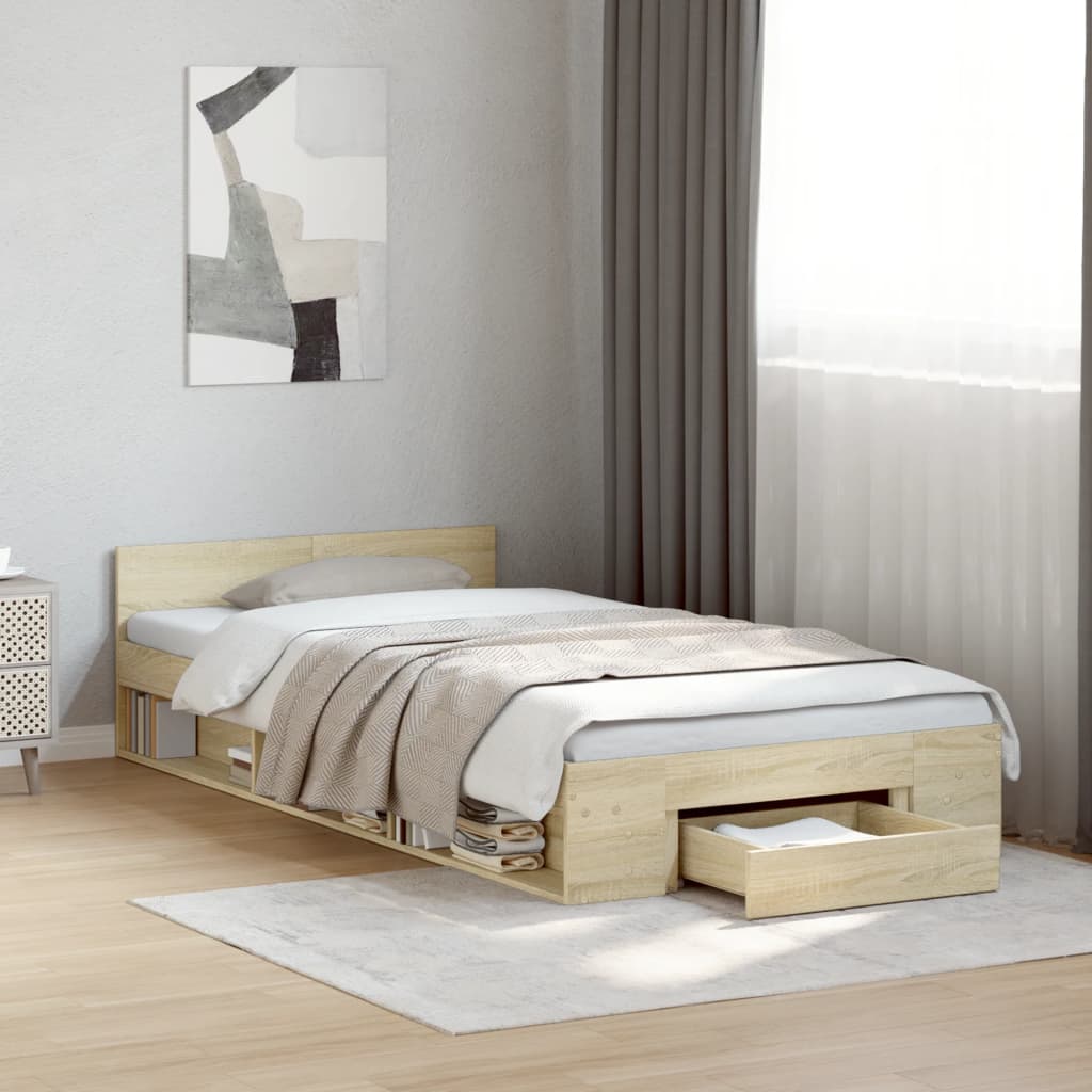 Bedframe met lade bewerkt hout sonoma eikenkleurig 75x190 cm is nu te koop bij PeponiXL, paradijselijk wonen!