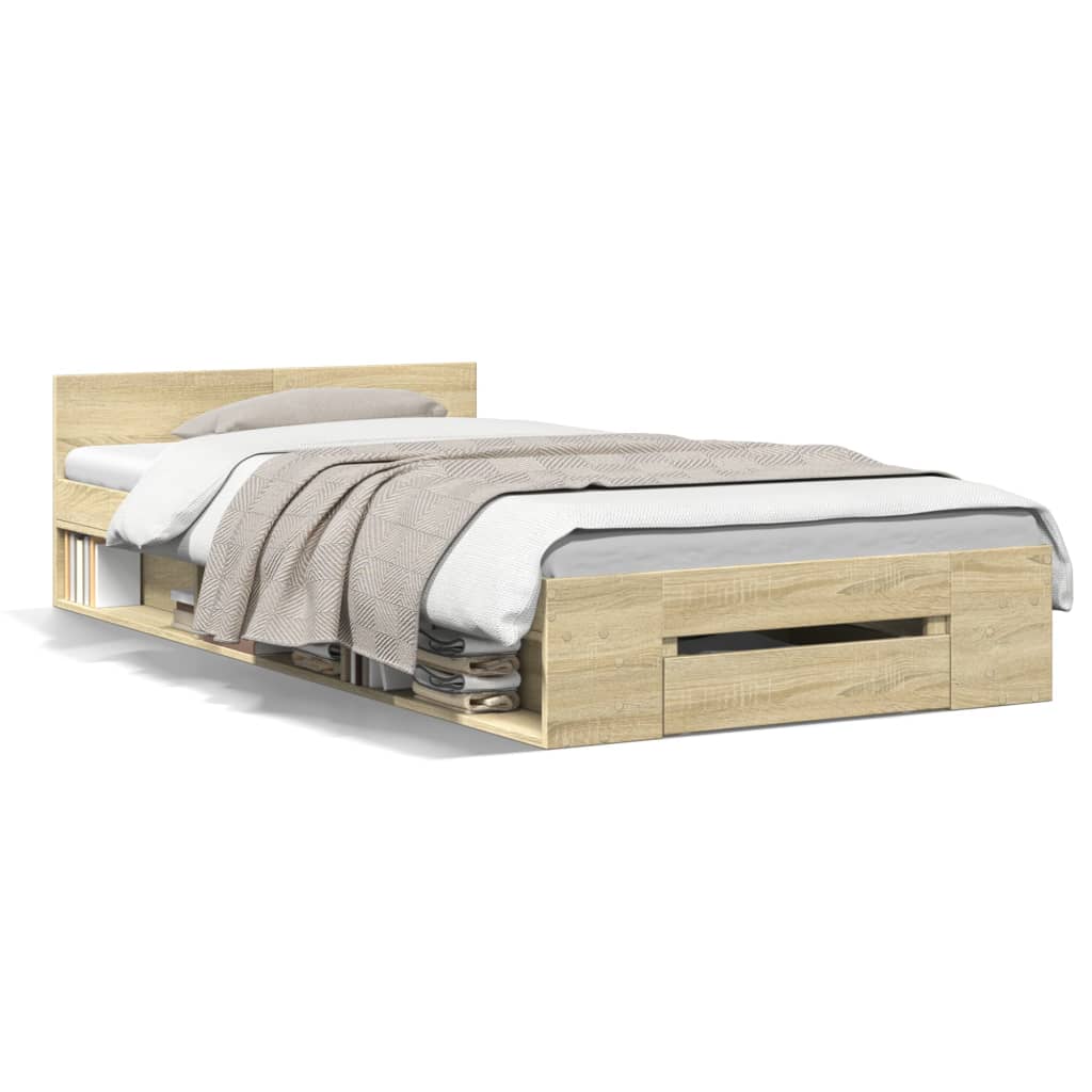 Bedframe met lade bewerkt hout sonoma eikenkleurig 75x190 cm is nu te koop bij PeponiXL, paradijselijk wonen!