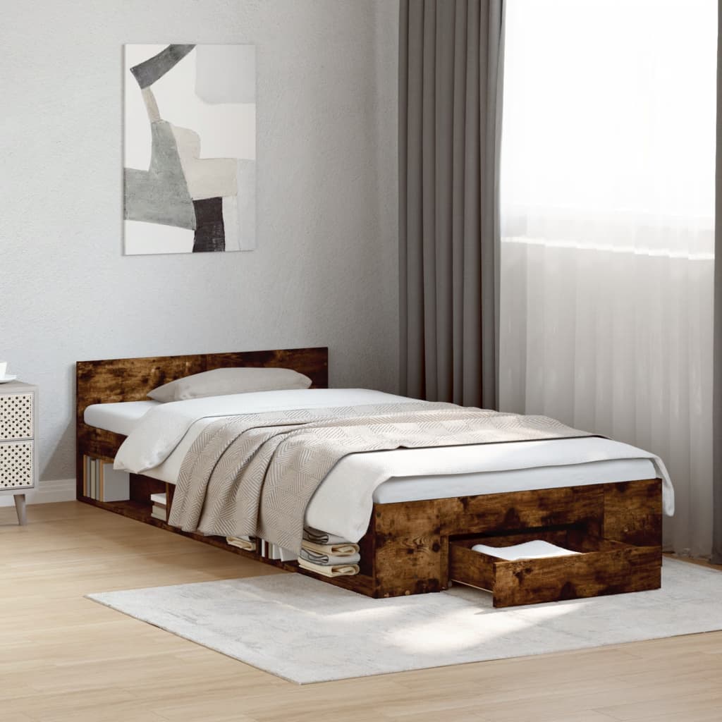 Bedframe met lade bewerkt hout gerookt eikenkleurig 75x190 cm is nu te koop bij PeponiXL, paradijselijk wonen!
