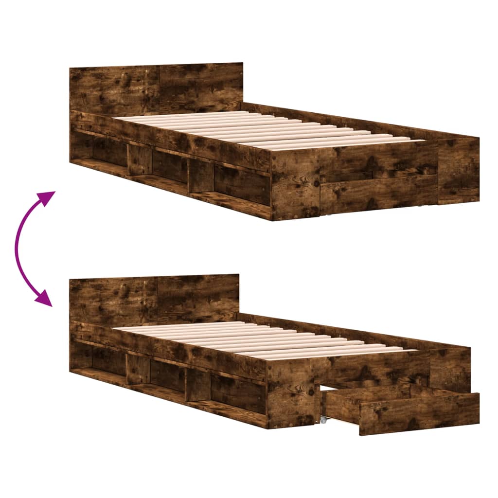 Bedframe met lade bewerkt hout gerookt eikenkleurig 75x190 cm is nu te koop bij PeponiXL, paradijselijk wonen!
