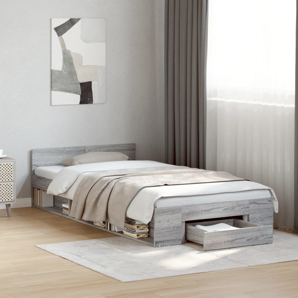 Bedframe met lade bewerkt hout grijs sonoma eiken 75x190 cm is nu te koop bij PeponiXL, paradijselijk wonen!
