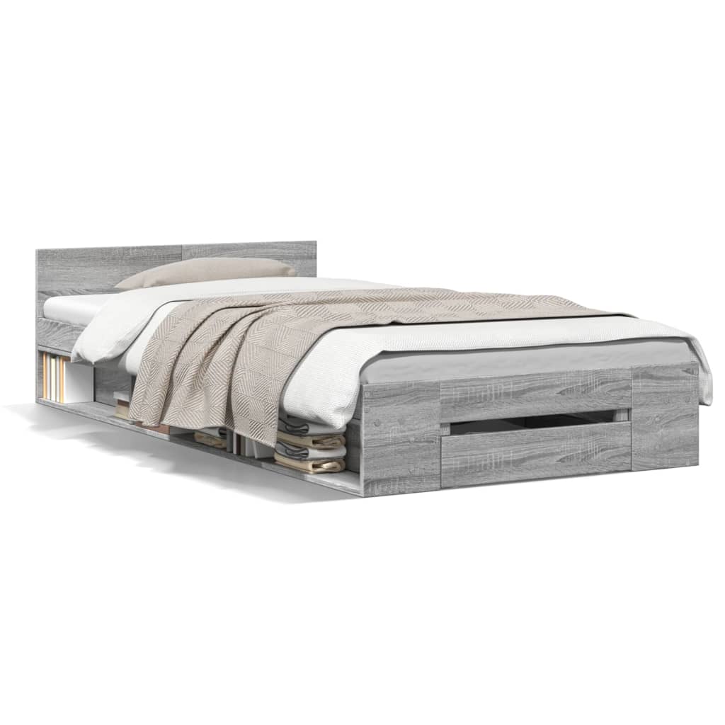Bedframe met lade bewerkt hout grijs sonoma eiken 75x190 cm is nu te koop bij PeponiXL, paradijselijk wonen!