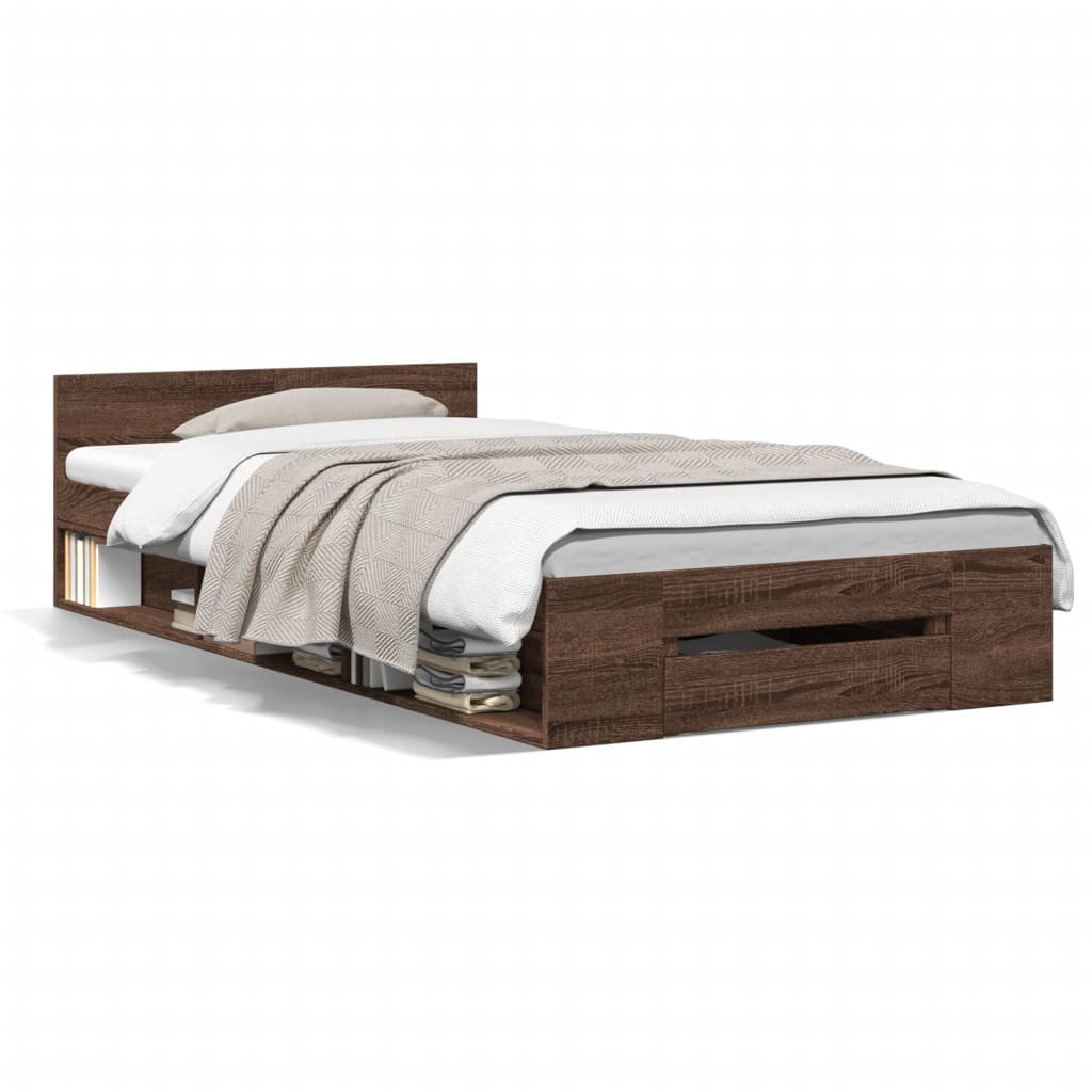 Bedframe met lade bewerkt hout bruin eikenkleurig 75x190 cm is nu te koop bij PeponiXL, paradijselijk wonen!